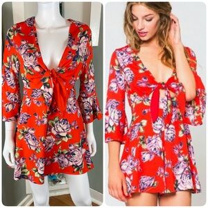 On The Road Floral Tie Bell Sleeve Purple Roses Floral Romper Large mini dress